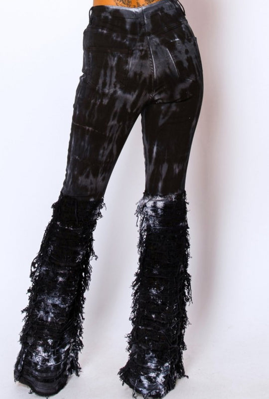 High Rise, Fringe, Black Tie-Dye Jeans