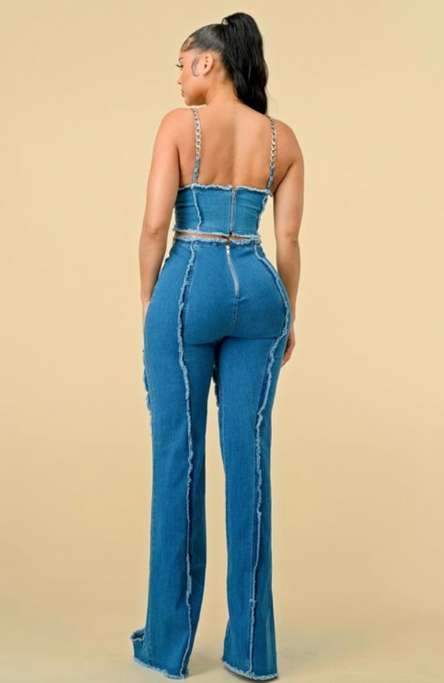 Blue jean distressed chains set back view