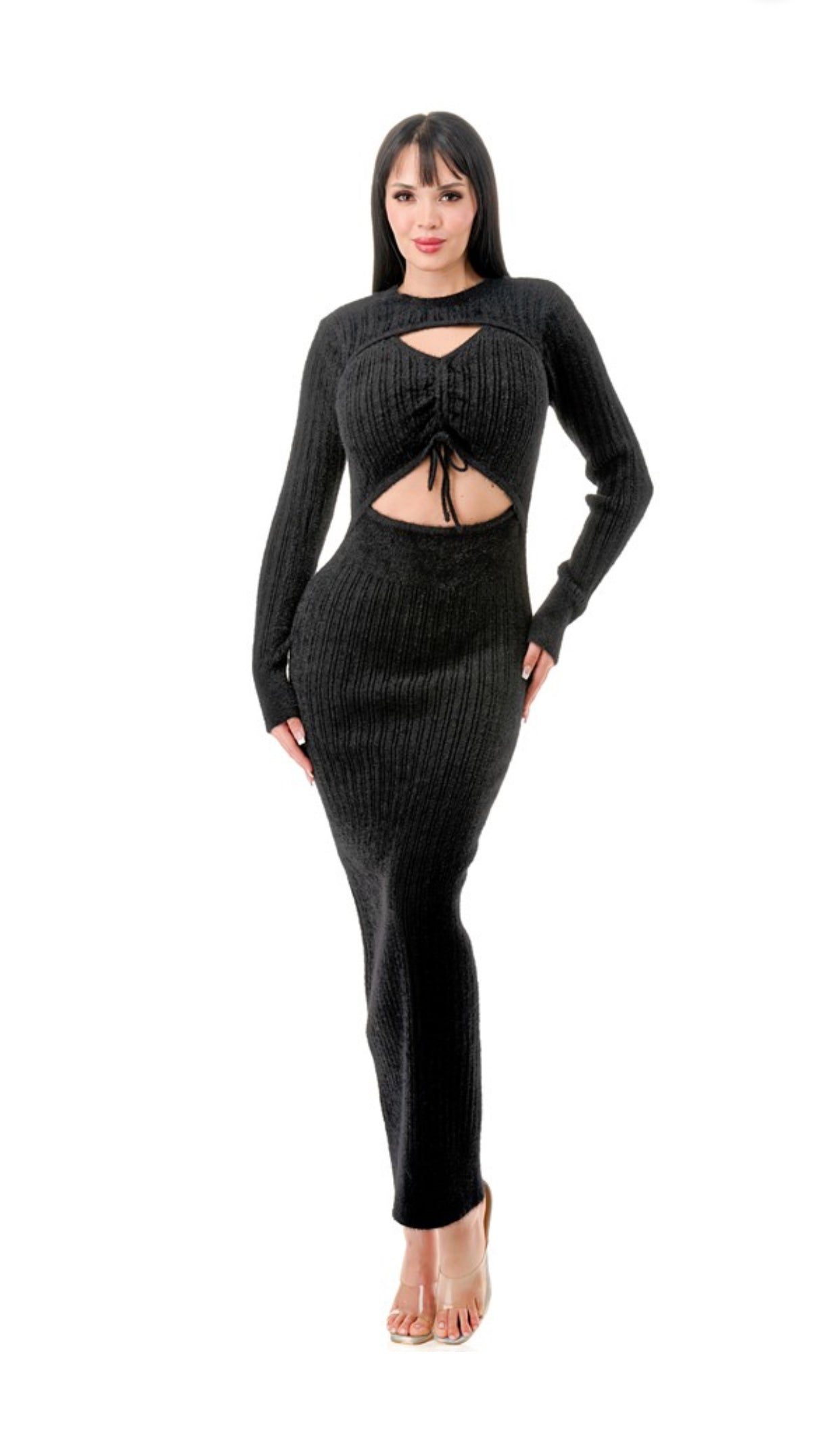 Black fuzzy knit long sleeve maxi dress front view 