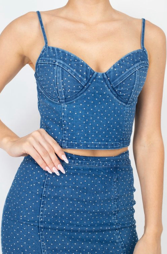 Blue jean rhinestone two piece set front view 