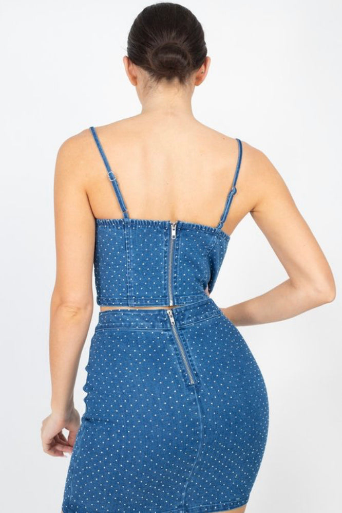 Blue jean rhinestone two piece set back view 