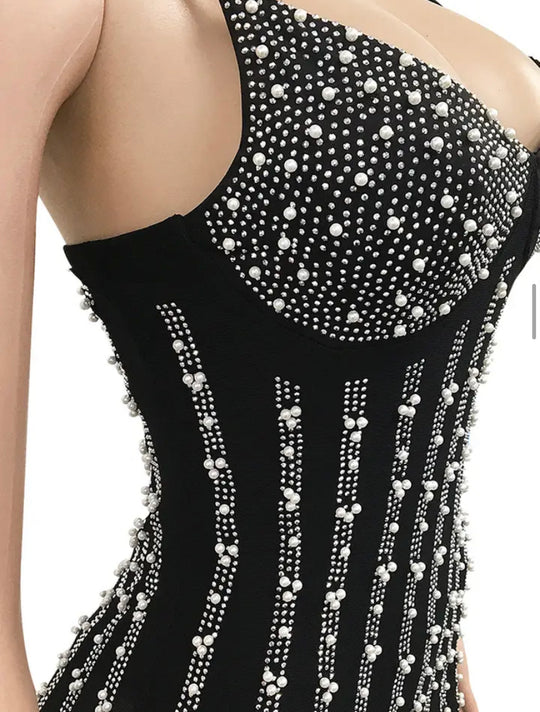 Black rhinestone pearl mini dress up close view