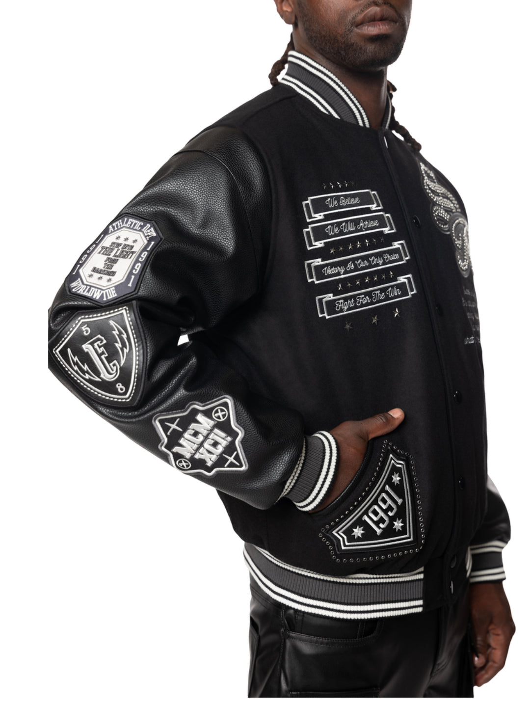 We will achieve studded patch varsity jacket