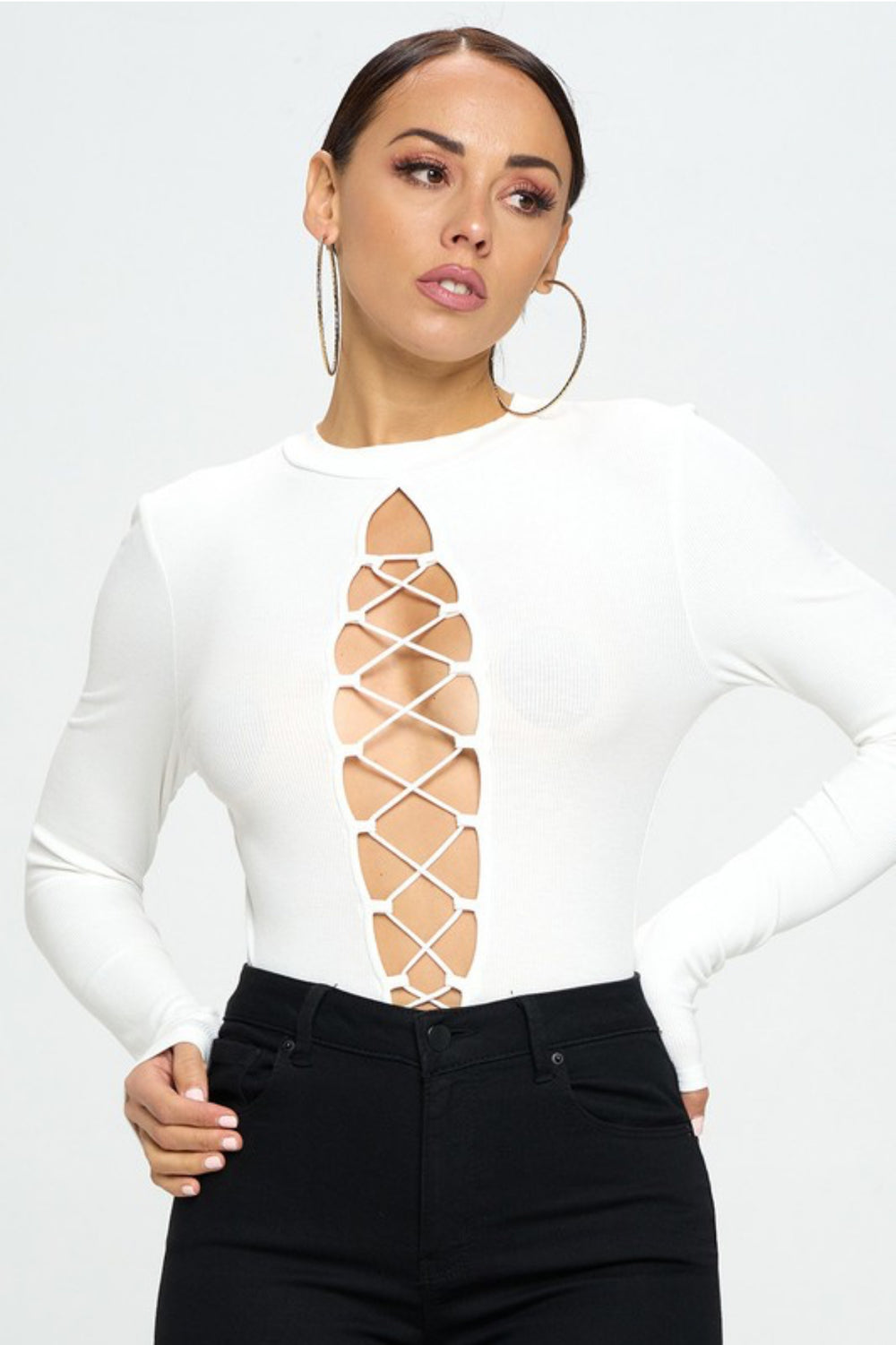 Front Lace Up Long Sleeve Bodysuit (Ivory)