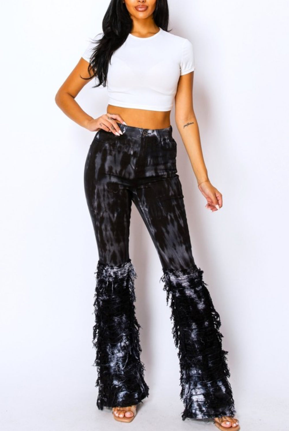 High Rise, Fringe, Black Tie-Dye Jeans