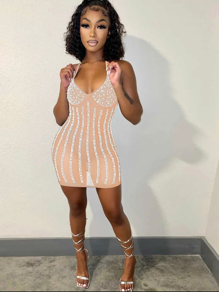 Nude rhinestone pearl mini dress front view