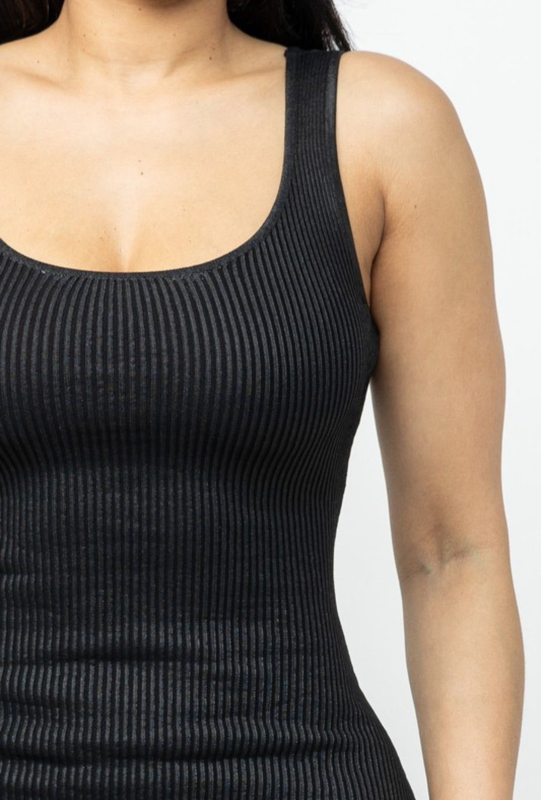 Black ribbed waxed tank top maxi dress up close