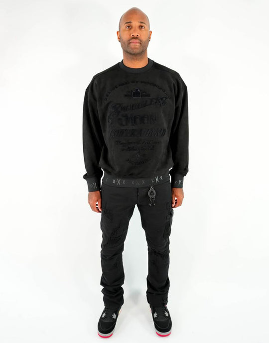 Creep mode black faux suede crewneck sweater