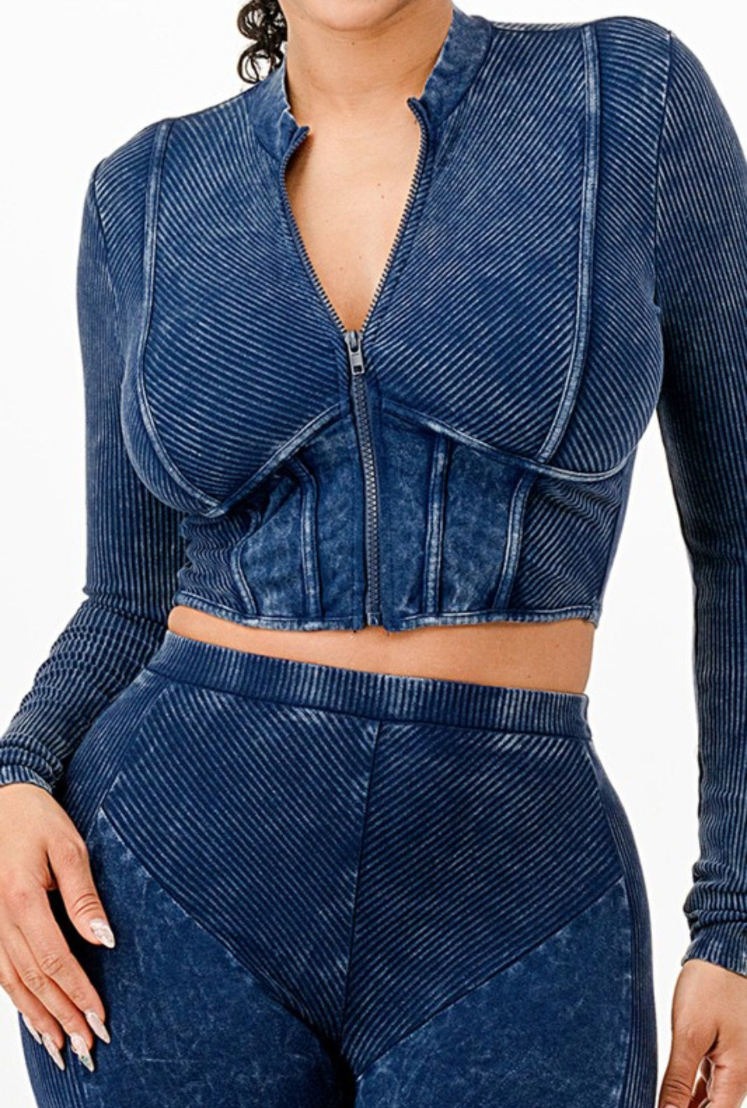 Mineral Wash Zip Up Crop Top Set