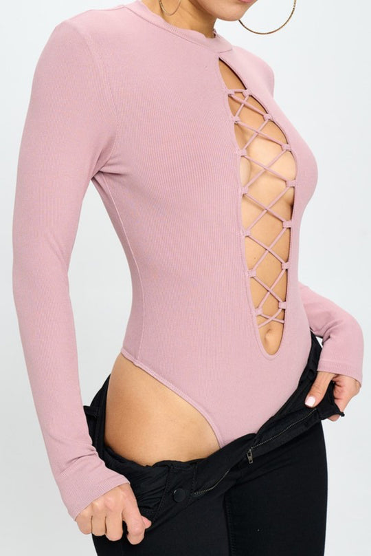 Front Lace Up Long Sleeve Bodysuit (Mauve)