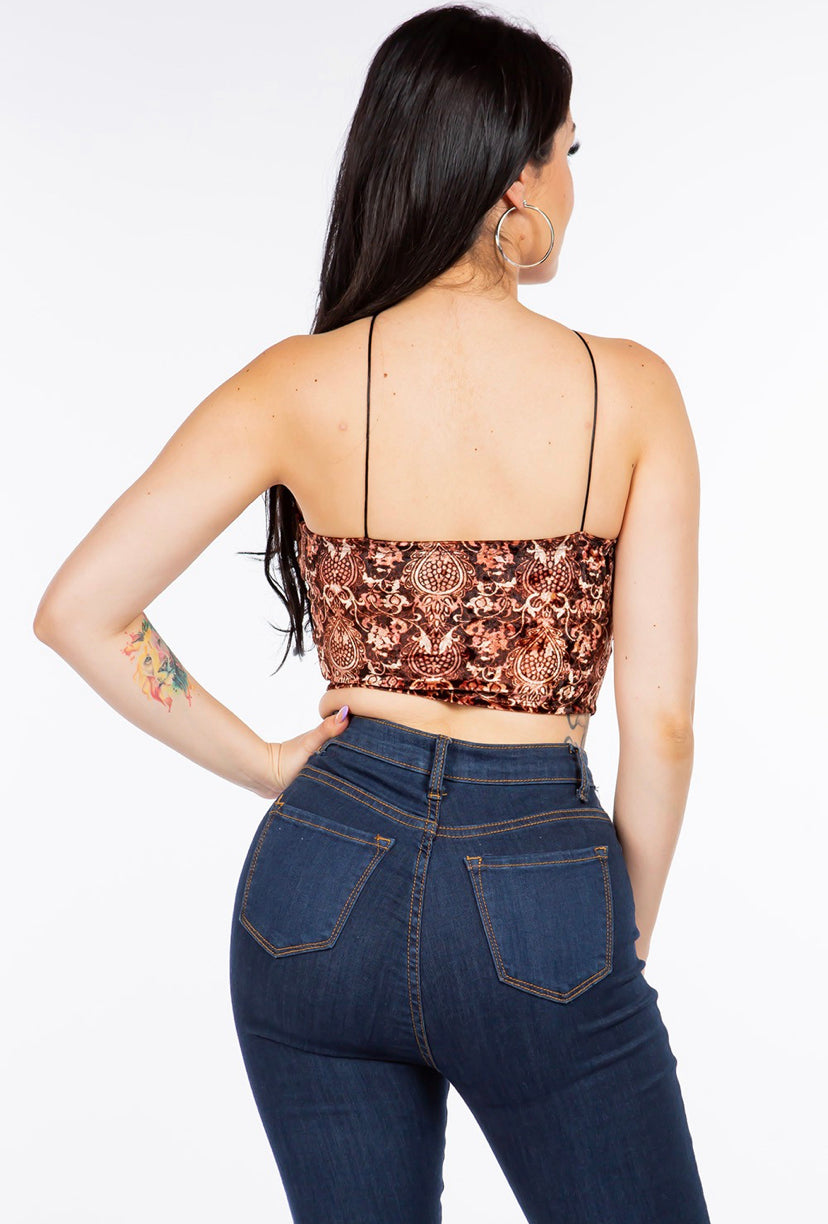 Baroque Printed Velvet Crop Top