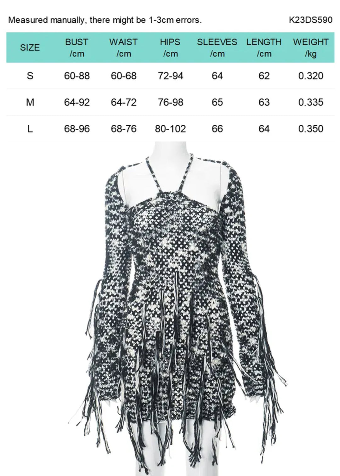 Black and white fringe dress sizes