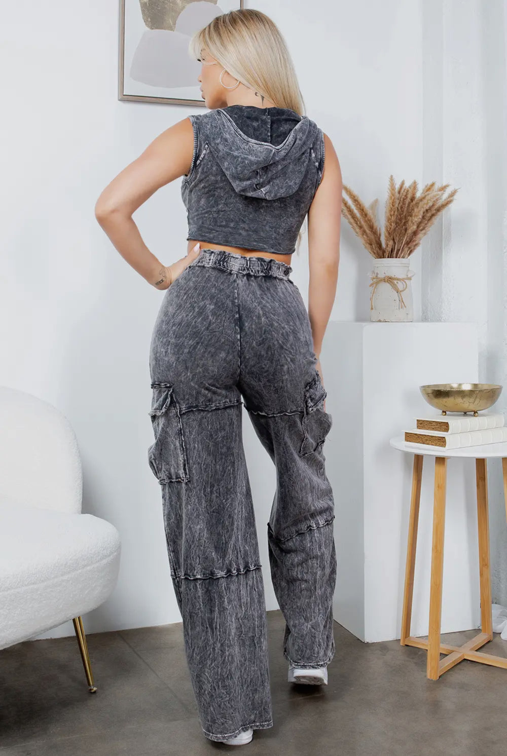 Ashed Black Mineral Wash Hoodie Crop Top Cargo Pants Set