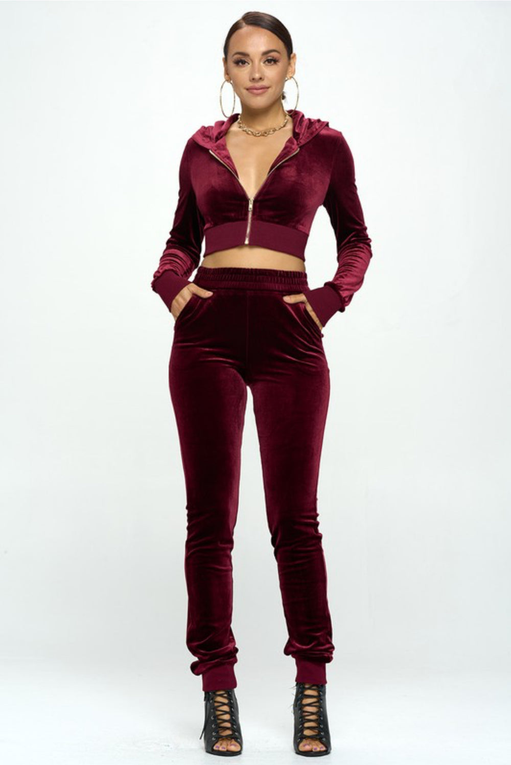 Velvet Open Back Jogger Set (Burgundy)