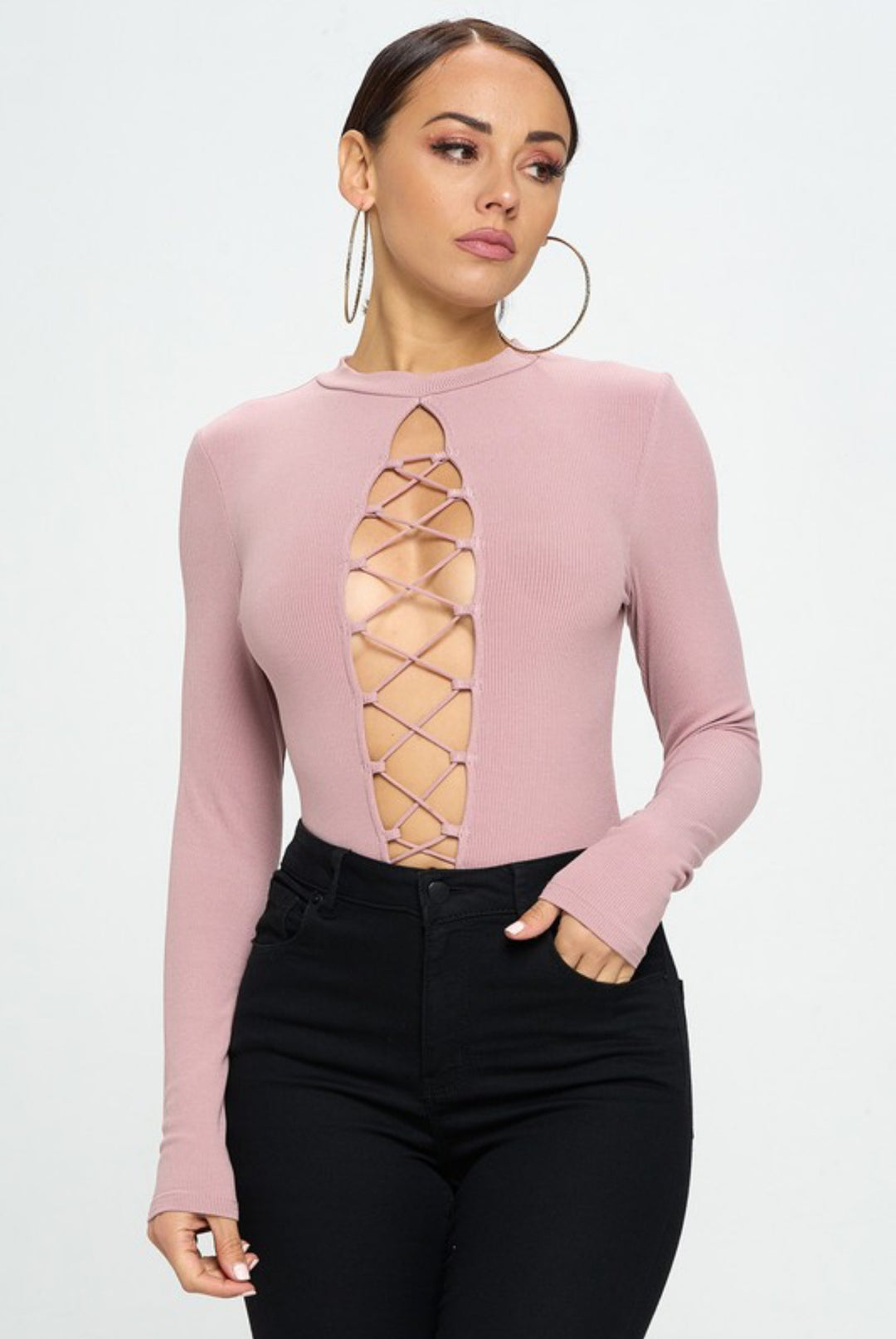 Front Lace Up Long Sleeve Bodysuit (Mauve)