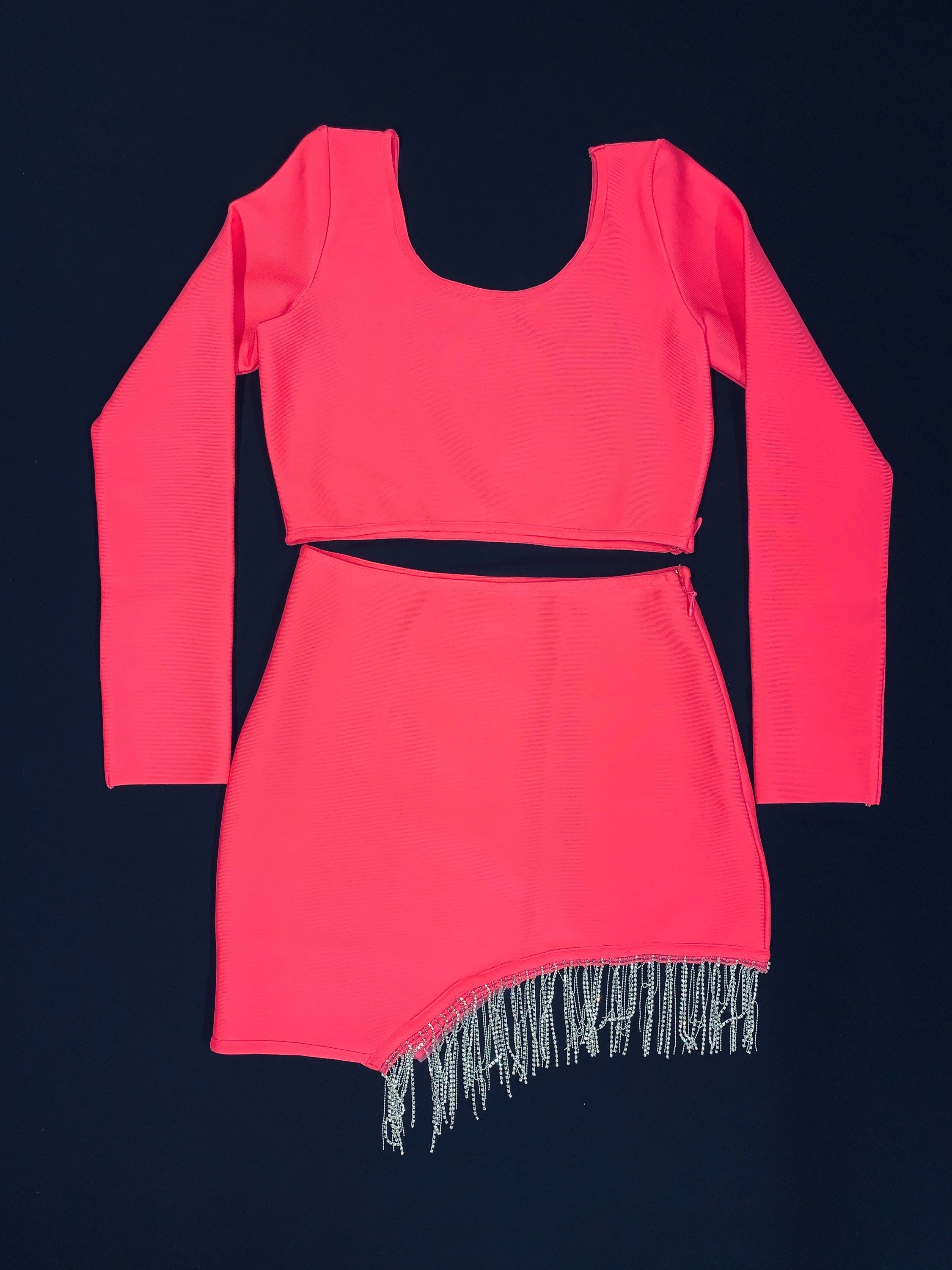 Hot pink two piece fringe skirt set front view 