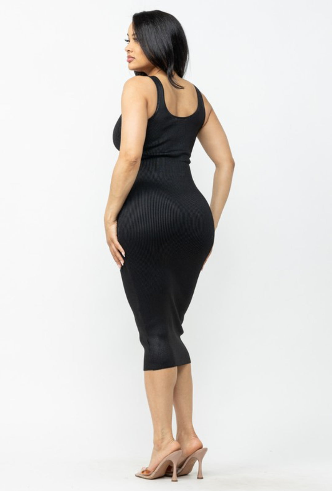 Black ribbed waxed tank top maxi dress back view