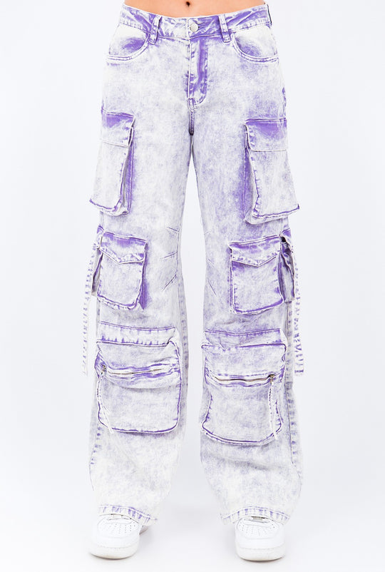 Acid Wash Flare Cargo Pants