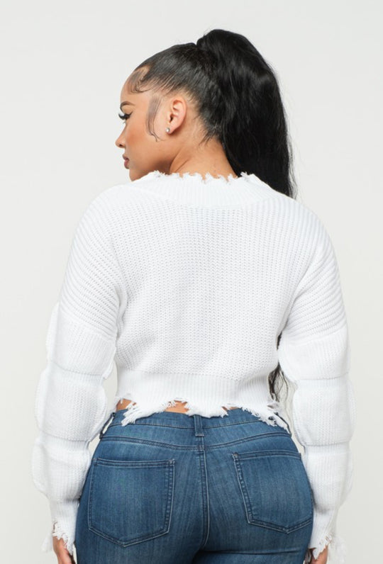 Bubbly Sleeve Distressed Sweater