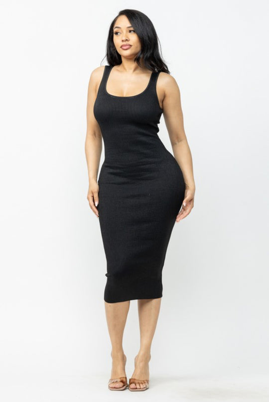 Black ribbed waxed tank top maxi dress front view 