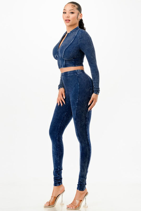 Mineral Wash Zip Up Crop Top Set