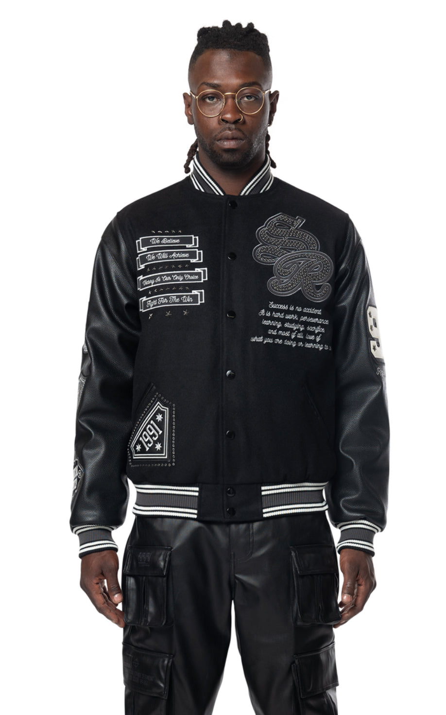 We will achieve studded patch varsity jacket