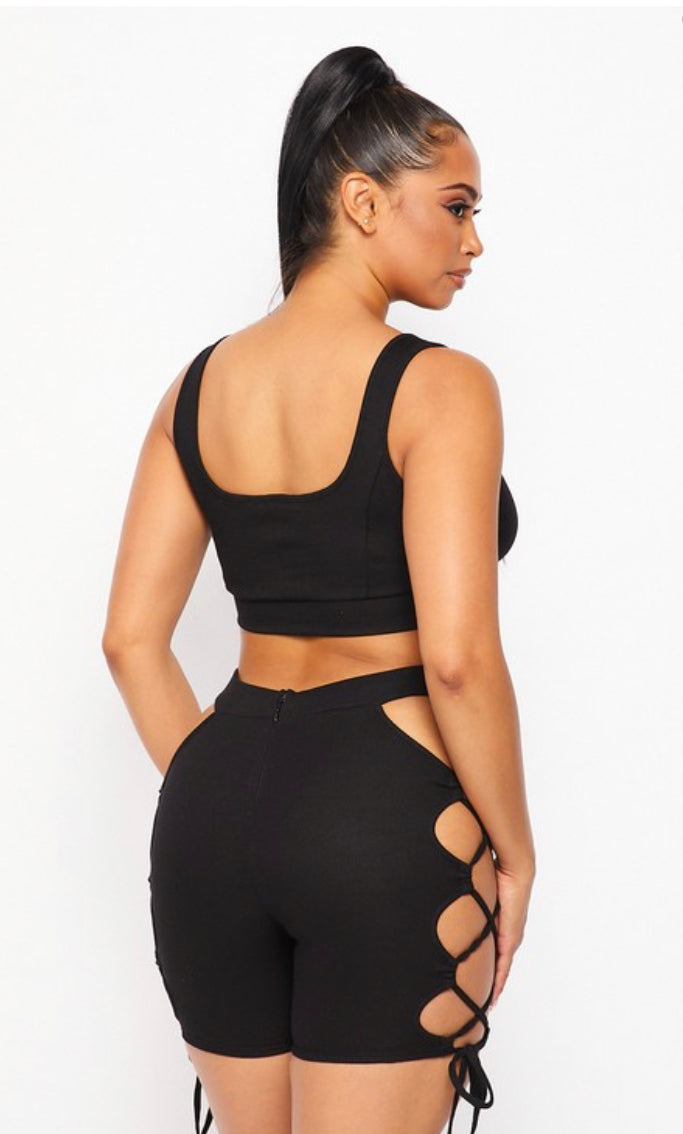Black lace up two piece set back view 