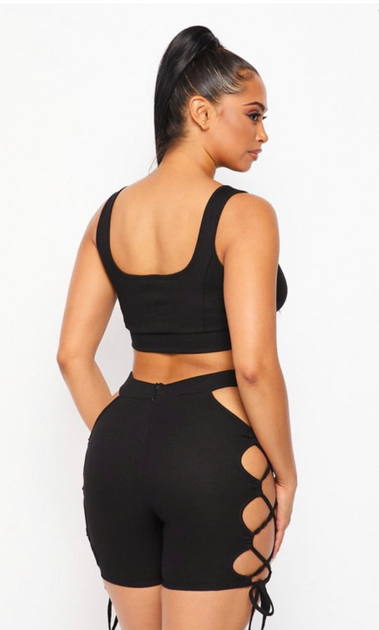 Black lace up two piece set back view 
