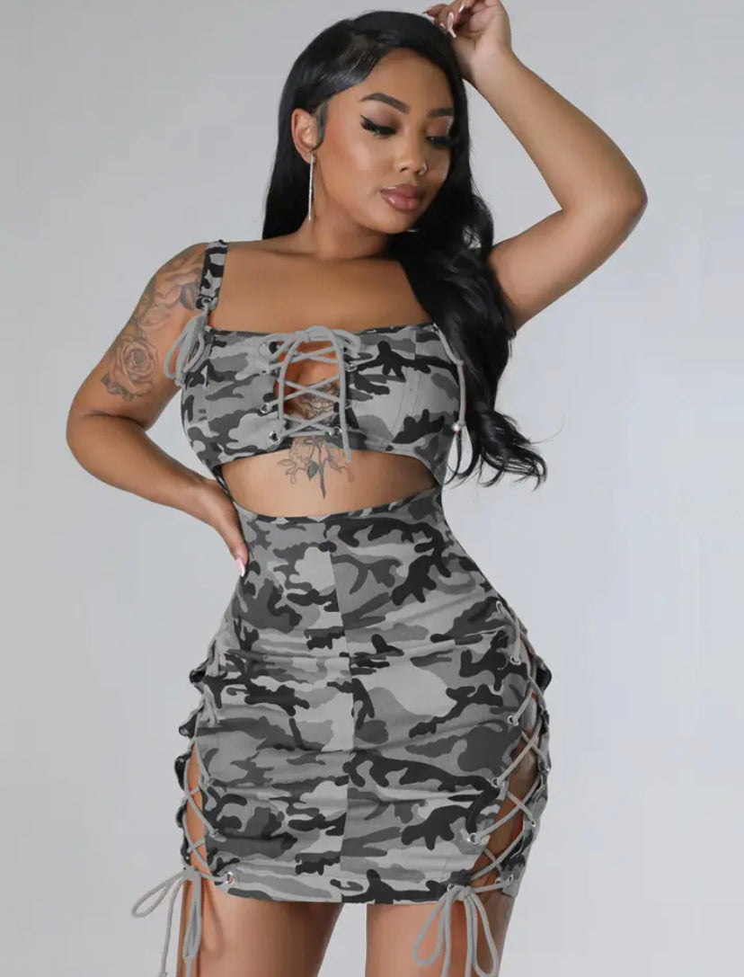 Camo print lace up body con dress front view 
