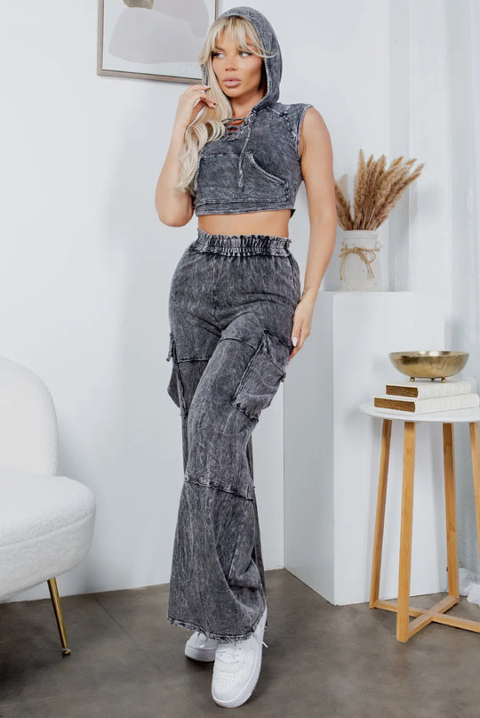 Ashed Black Mineral Wash Hoodie Crop Top Cargo Pants Set