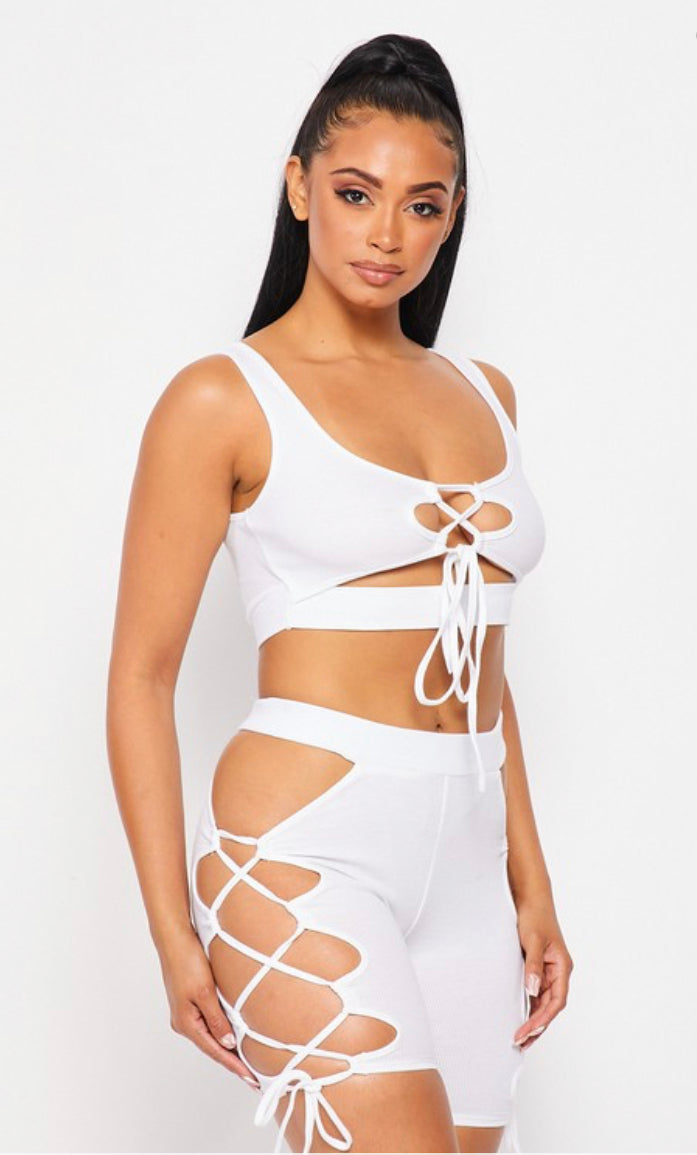 White lace up two piece set side view 