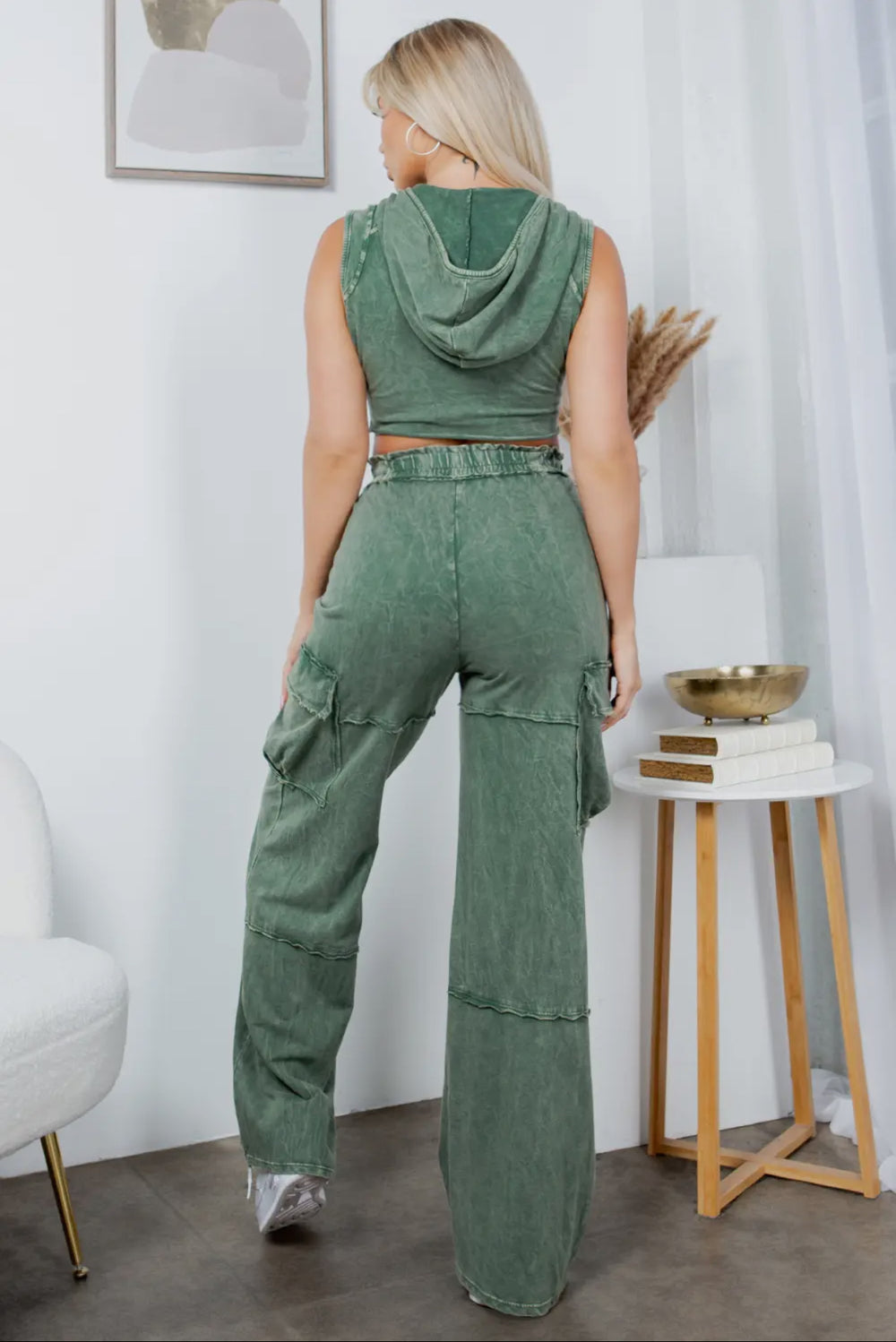 Olive Mineral Wash Hoodie Crop Top Cargo Pants set