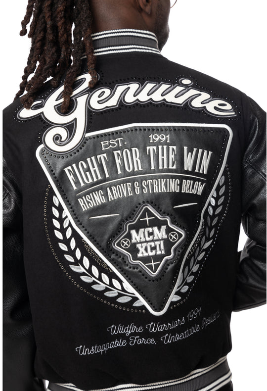 We will achieve studded patch varsity jacket