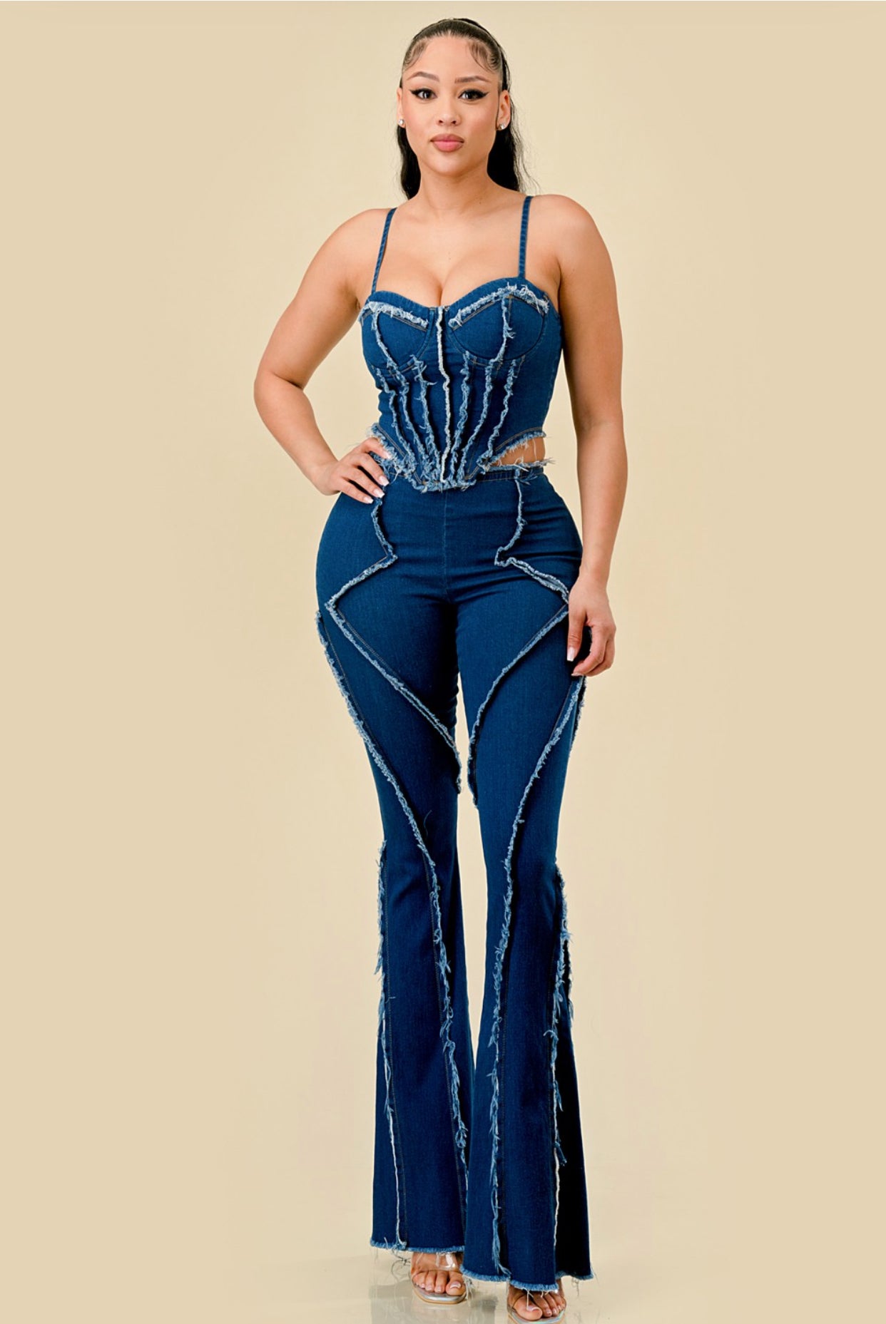 Dark wash frayed edge two piece jean set front view 