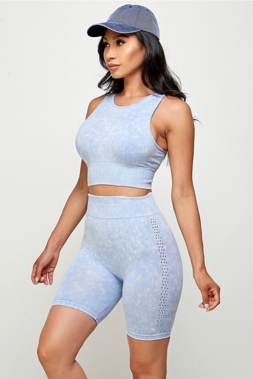 Light blue two piece biker short set front view 