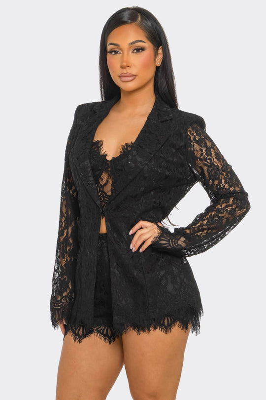 FLORAL LACE 3PC BLAZER SHORT SET
