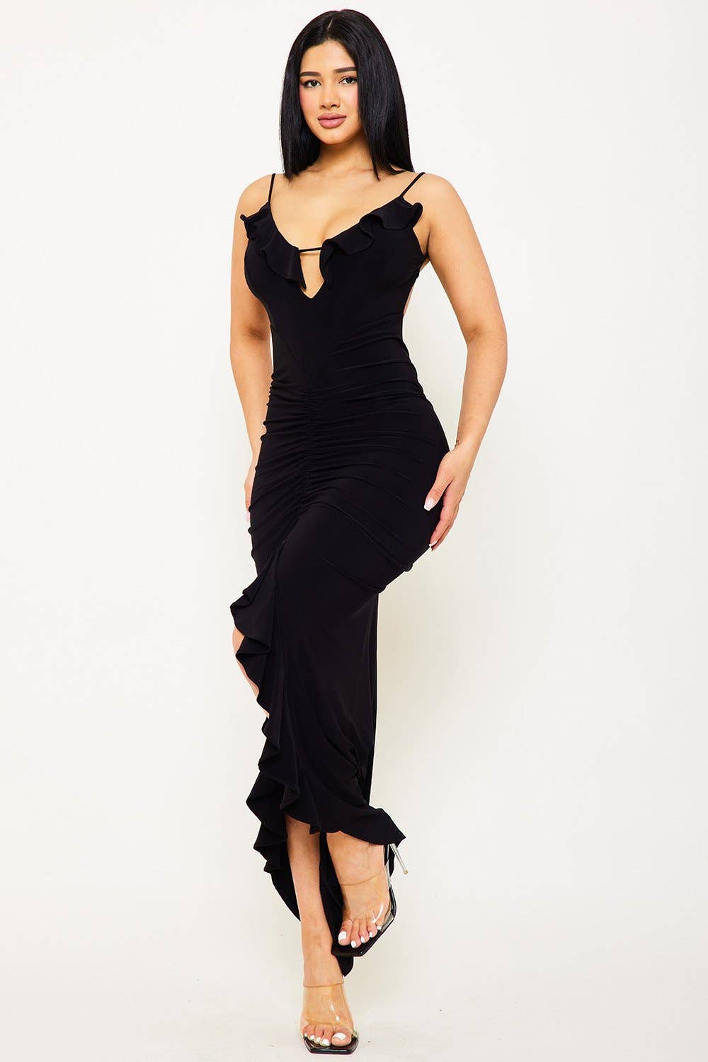 RUFFLE AND SHIRRING CENTER LONG DRESS