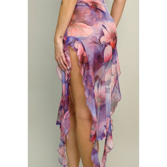 ADELIA ROMANTIC FLORAL MESH RUFFLED DRESS