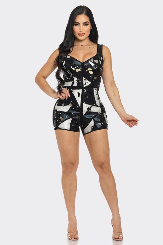 Metallic Mirror Rhinestone Patchwork Romper