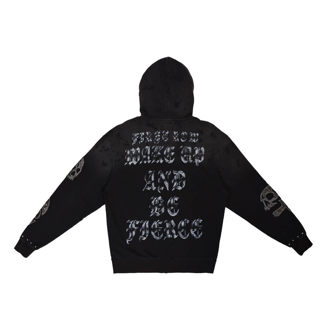 Black hoodie with text on the back on a white background