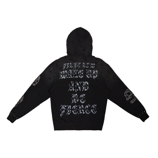 Black hoodie with text on the back on a white background