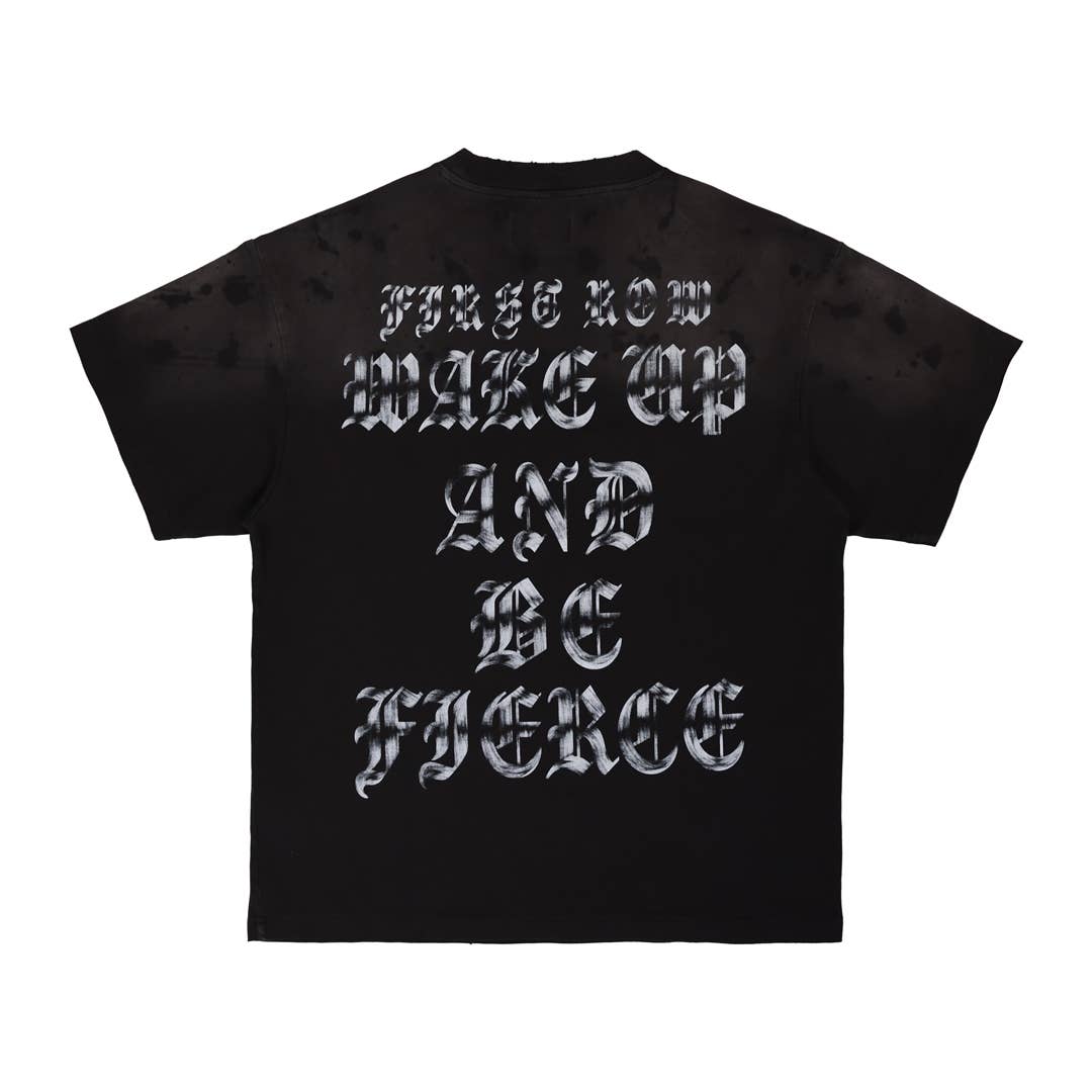 Black t-shirt with white text on a white background
