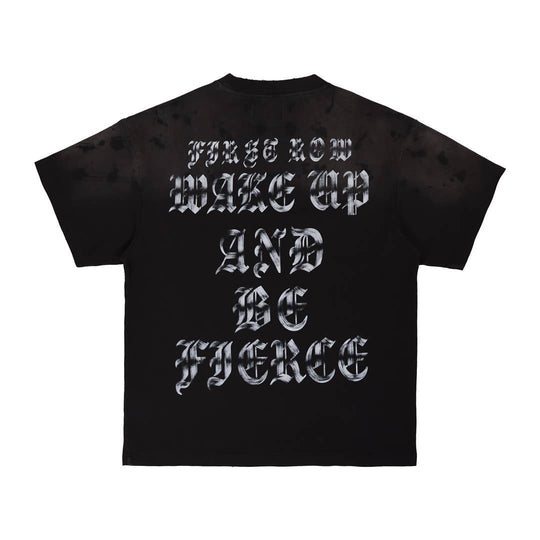 Black t-shirt with white text on a white background
