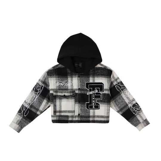 FR EMBLEM WOOL HOOD PLAID SHACKET