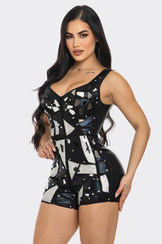 Metallic Mirror Rhinestone Patchwork Romper