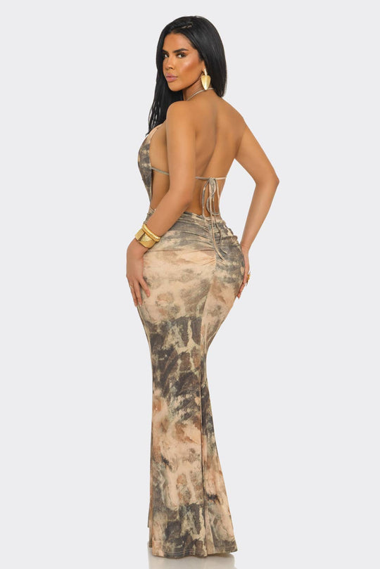 SEMI-CUTOUT BODICE & HALTER NECK PRINTED MAXI DRESS