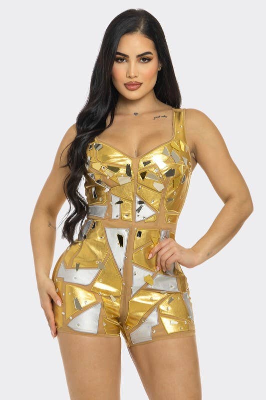 Metallic Mirror Rhinestone Patchwork Romper