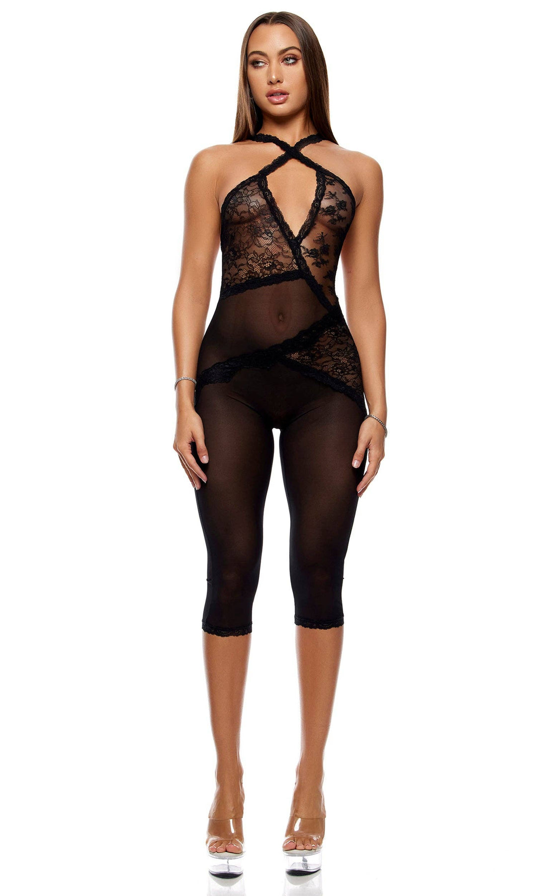 Patch of Petals Lace Capri Catsuit - Black